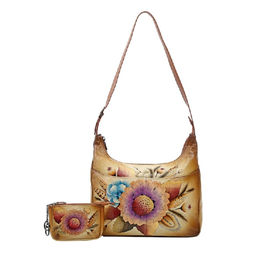 Anuschka Tan and Brown Floral Hobo Bag Set